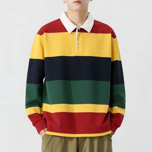 Polo rayé décontracté de haute qualité pour homme, manches longues, color block, style rugby, personnalisable, vente en gros - Product Image 1