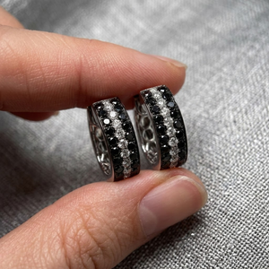 Striking 18K Solid White Gold Black and White Diamond Hoop <b>Earrings</b> 3-Row Pavé Hinged Huggies <b>Fine</b> Jewelry Wholesale - Product Image 4