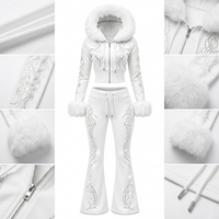 Ensemble de survêtement pour femme personnalisé avec strass, capuche, fermeture éclair, manches longues, pantalon évasé, style élégant pour la rue, tissu 100% coton