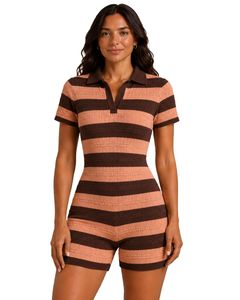 Combinaison en tricot rayée marron chocolat et pêche pour femme, manches courtes, col polo, en coton, décontractée, été, coupe ajustée - Product Image 1