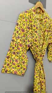 Kimono con Estampado Floral y Animal para Mujer, Amarillo, Sin Cuello, Manga Larga, Largo, Suave, No Tejido, 100% Algodón, Casual, Verano - Product Image 3