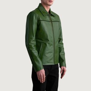 เสื้อแจ็คเก็ตหนังสีเขียวทรงเข้ารูปสำหรับผู้ชาย ยี่ห้อ RELEVO INDUSTRIES คอปกพับได้ ปิดด้วยซิป สไตล์นักขี่มอเตอร์ไซค์ เหมาะสำหรับใส่ในฤดูใบไม้ร่วง - Product Image 5