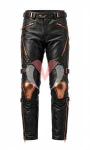 Veste de moto en cuir noir pour homme, couleur cuivre, à blocs de couleurs, manches longues, coupe-vent, style racing - Product Image 2