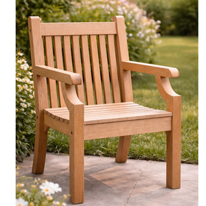 Fauteuil d'extérieur Ardena en teck massif avec accoudoirs sculptés, design durable, pour jardin et terrasse, fabriqué à la main à Jepara - Product Image 1