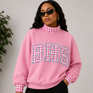 เสื้อสเวตเชิ้ตคอกลมโอเวอร์ไซส์สำหรับผู้หญิง พิมพ์ลายตัวอักษร BHS พร้อมปกและปลายแขนเสื้อแบบกิ๊งแฮม แขนยาวเต็มตัว สไตล์วาร์ซิตี้ คอเต่า - Product Image 6