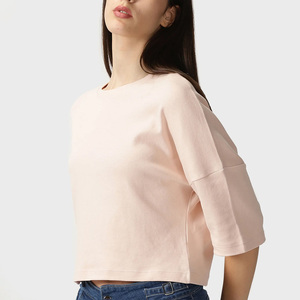 T-shirt court pour femme 100% coton, manches trois quarts, col rond, coupe ample, couleur unie, décontracté, respirant, pour le printemps et l'été - Product Image 6
