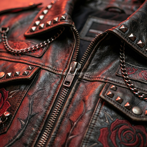 Chaqueta de Cuero de Oveja Auténtica Negra y Roja para Mujer, Estilo Punk con Tachuelas y Cadena, Chaqueta de Motera con Bordado de Corazón y Rosa, Ropa Exterior B2B - Product Image 6