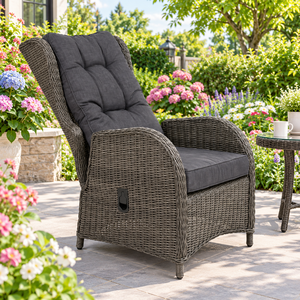 Modern Outdoor Rattan <b>Recliner</b> <b>Garden</b> <b>Chair</b> Cushioned Foam Seat Manual Operation Wicker Design UV Printed Farmhouse Apartment - Product Image 1