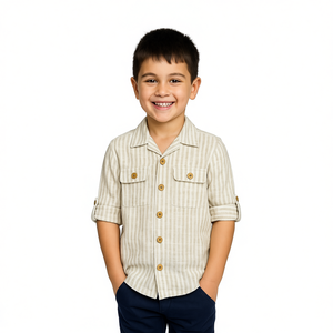 Chemise décontractée en lin pour garçons à rayures beiges et blanches - Product Image 3