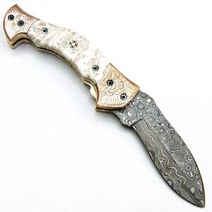 Couteau utilitaire pliant en acier Damas SHARP POINT TRADES, lame droite, ouverture par bouton de pouce, manche en bois, design artistique, DIY - Product Image 3