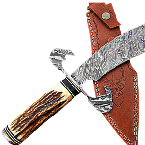 Couteau Bowie artisanal en acier Damas avec manche en corne de cerf brun naturel, lame à motifs, garde-métal et étui en cuir brun - Product Image 5