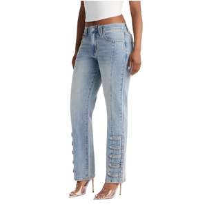 Jeans de Mezclilla para Mujer, Corte Recto, Lavado Claro, Cierre de Botones, 100% Algodón, Estilo Casual, Detalle de Tiras Laterales, Largos, Otoño - Product Image 1