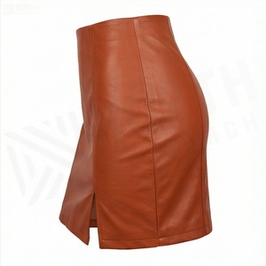 Jupe crayon mini en similicuir taille haute pour femme avec fente latérale, couleur unie, design brillant, à porter toute l'année - Product Image 3