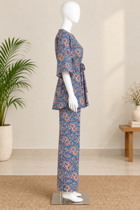 Blue Ajrakh Printed Floral <b>Kaftan</b> Co-Ord Set Wide-Leg Palazzo Pants Natural Waist Ethnic Casual Wear for <b>Summer</b> Resort Everyday - Product Image 3