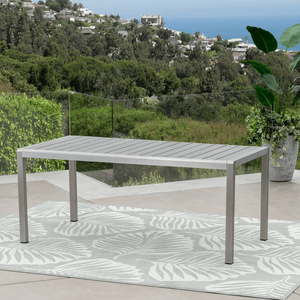 Table de repas d'extérieur Coral avec structure en aluminium et plateau en imitation bois finition grise - Product Image 1