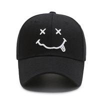 Casquette de baseball noire à 6 panneaux avec logo brodé blanc sur le panneau avant, ajustement réglable, style décontracté unisexe, matière en coton.