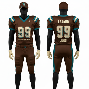 Uniforme de football américain pour hommes, 260 GSM, maille respirante en polyester, marron crème, panneaux de manches rayés, logo personnalisé en twill. - Product Image 4