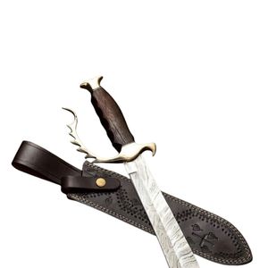 Couteau de chasse en acier Damas à pointe tombante avec manche en bois et étui en cuir, lame droite non réglable, lame simple - Product Image 6