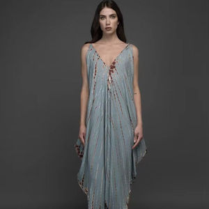 Mono de algodón estilo bohemio con efecto tie-dye para mujer, largo maxi, cuello en V, sin mangas, corte holgado, estilo fluido, ropa de playa informal - Product Image 1