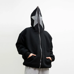 Men's Oversized <b>Zip</b>-<b>Up</b> <b>Hoodie</b> <b>Black</b> Glitter Star Print Fleece Hooded Sweatshirt Regular Fit Autumn Wear - Product Image 3