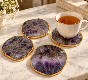 Sous-verre en pierre d'améthyste naturelle avec revêtement doré, sous-verre de luxe en pierres précieuses pour la décoration de la maison - Product Image 3