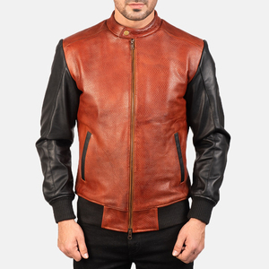 Blouson aviateur en cuir véritable pour homme, col montant, fermeture éclair, manches noires, corps marron, coupe ajustée, style moto, pour l'automne - Product Image 4