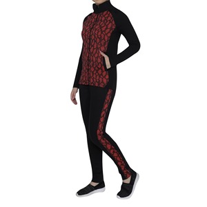 Ensemble deux pièces pour femme, noir et rouge, imprimé géométrique, veste à col montant entièrement zippée, pantalon legging à empiècements latéraux, tenue de sport athlétique - Product Image 4