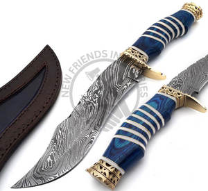 Couteau Bowie en acier Damas fait main, neuf, lame fixe, couteau de chasse, couteau de camping en plein air avec manche en bois et os laiton - Product Image 2