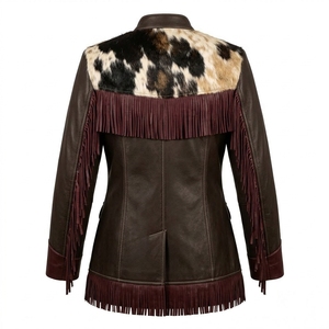 Women Stand Collar Burgundy <b>Fringe</b> Leather <b>Jacket</b> Real Cowhide Hair On Hide Western Yoke Bottom Trimmed Country Coat - Product Image 2