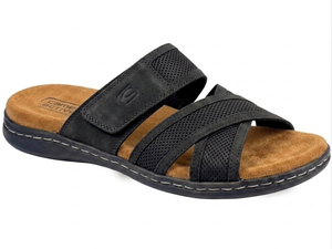Sandales à enfiler en cuir véritable noir pour femme, à bout ouvert, avec semelle intermédiaire en EVA amortie, respirantes, tendance, semelle extérieure en caoutchouc - Product Image 1