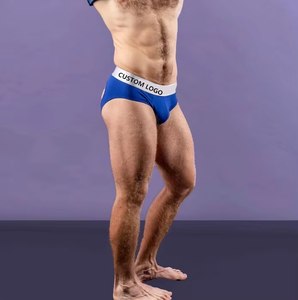 Calzoncillos bóxer azules para hombre con logotipo personalizado en la cintura, de corte medio, de algodón tejido sin costuras. - Product Image 3