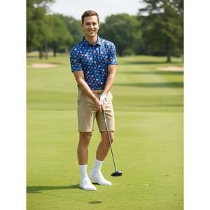 Chemise de golf pour homme à manches courtes en polyester/coton, imprimé à pois bleus, décontractée, respirante, coupe classique, logo sur le devant - Product Image 2