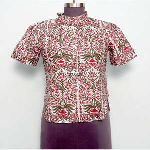 Túnica de Playa Moderna Vintage para Mujer, con Estampado Floral, Cuello Redondo, Manga Corta Abullonada, Casual, Modesta, Lavable, 100% - Product Image 1