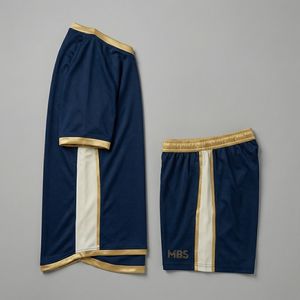 Maillot en jersey tricoté à col en V bleu marine avec col et poignets dorés pour les panneaux latéraux, design sportif respirant pour l'été - Product Image 4