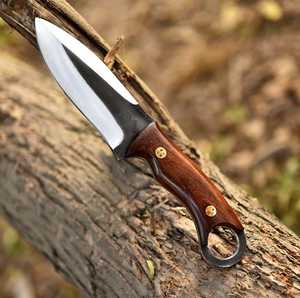 Cuchillo de Caza de Hoja Fija Hecho a Mano de Acero al Carbono con Punta Caída y Agujero para el Dedo, Mango de Palisandro, Funda de Cuero, Personalizable OEM/ODM, 8.5 pulgadas - Product Image 5