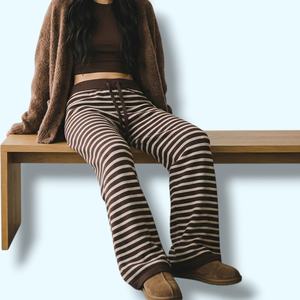 Pantalon large rayé en coton tricoté pour femme, coupe décontractée, taille élastique mi-haute, longueur complète, style automne, avec cordon de serrage - Product Image 5