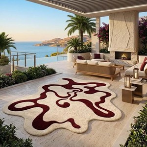 Alfombra de Área con Forma Orgánica, Roja y Marfil, Abstracta, Moderna, Hecha a Mano, de Lana, para Sala de Estar, Dormitorio, Decorativa - Product Image 6