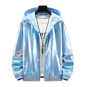 Veste unisexe argentée métallisée à capuche, coupe-vent brillant réfléchissant, imperméable et légère pour hommes - Product Image 2