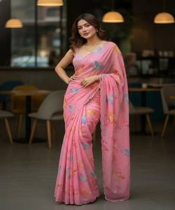 Sari moderne en coton fantaisie à imprimé floral en organza et broderies de perles, avec chemisier non cousu, pour tenue de soirée, prix de gros, vêtement ethnique, multi-usages - Product Image 1