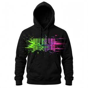 Sweat à capuche noir épais avec un design graphique glitch vert néon et rose vibrant et une capuche à cordon de serrage - Product Image 1