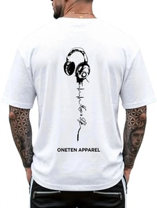 ONETEN Camiseta blanca de manga corta con cuello redondo para hombre con estampado gráfico de auriculares Music Is Life - Product Image 2