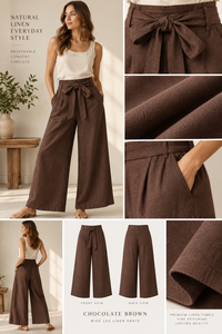 Pantalones Anchos de Lino y Algodón Marrón para Mujer, Corte Holgado, Cintura Alta, Bolsillos Delanteros con Cordón, Ecológicos, Casuales, para Vacaciones de Verano - Product Image 5