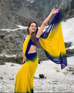 AARA Fashion <b>Yellow</b> Blue Ombre Modern Women Traditional Indian Wedding Wear Polyester Floor Length Regular Fit <b>Saree</b> for Adults - Product Image 1