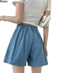 Shorts de mezclilla para mujer, pantalones cortos de mezclilla de talla grande con pliegues y pierna ancha, pantalones cortos elásticos de mezclilla para mujer - Product Image 3