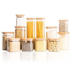 Clear Glass <b>Kitchen</b> <b>Storage</b> Vessel Wood Cover Airtight Dishwasher Safe Microwavable Food <b>Jar</b> Flour Rice Pasta Oats Granola Beans - Product Image 1