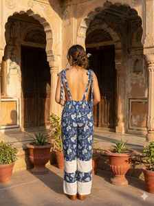 Combinaison midi imprimée numérique bleu indigo, salopette en coton à jambes larges pour femme, combishort bohème d'été, ethnique indien, manches 3/4, naturel - Product Image 3