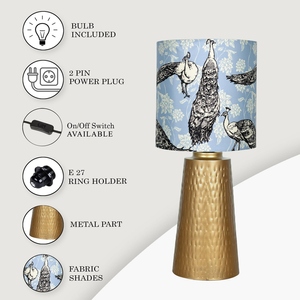 Vintage design Gold Table <b>Lamp</b> <b>Peacock</b> Pattern Fabric <b>Shade</b> Hammered Metal Base Artistic Bedside Nightstand Light Home Decor - Product Image 4