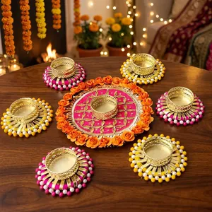 AARNA COLLECTION Handmade Luxury Eco-Friendly Orange Pink Pearl <b>Tealight</b> Candle <b>Holder</b> Set Flower Rangoli Base for Diwali Party - Product Image 3