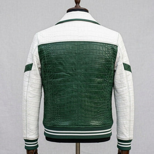 Veste de moto en cuir PU vert et blanc pour homme, motif crocodile embossé, fermeture éclair, col rabattu, coupe classique, style automne - Product Image 4
