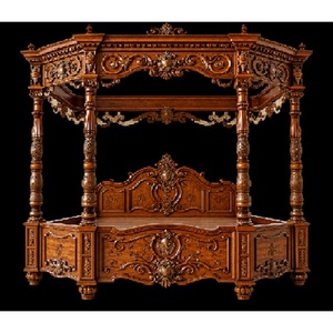 Cama de Madera Tallada Estilo Barroco Vintage, Cama de Cuatro Postes de Madera de Teca de Lujo, Cama King Size, Juego de Dormitorio Maharaja de Madera Sólida, USA - Product Image 1